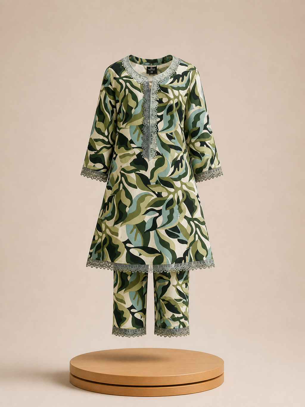 Girls Green Printed Lace Kurti Set with Pants | Forest Muse