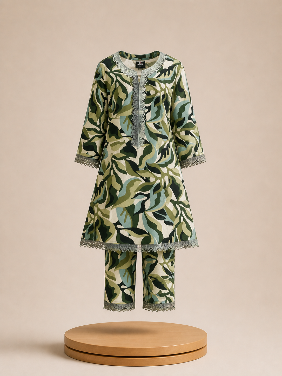 Girls Green Printed Lace Kurti Set with Pants | Forest Muse