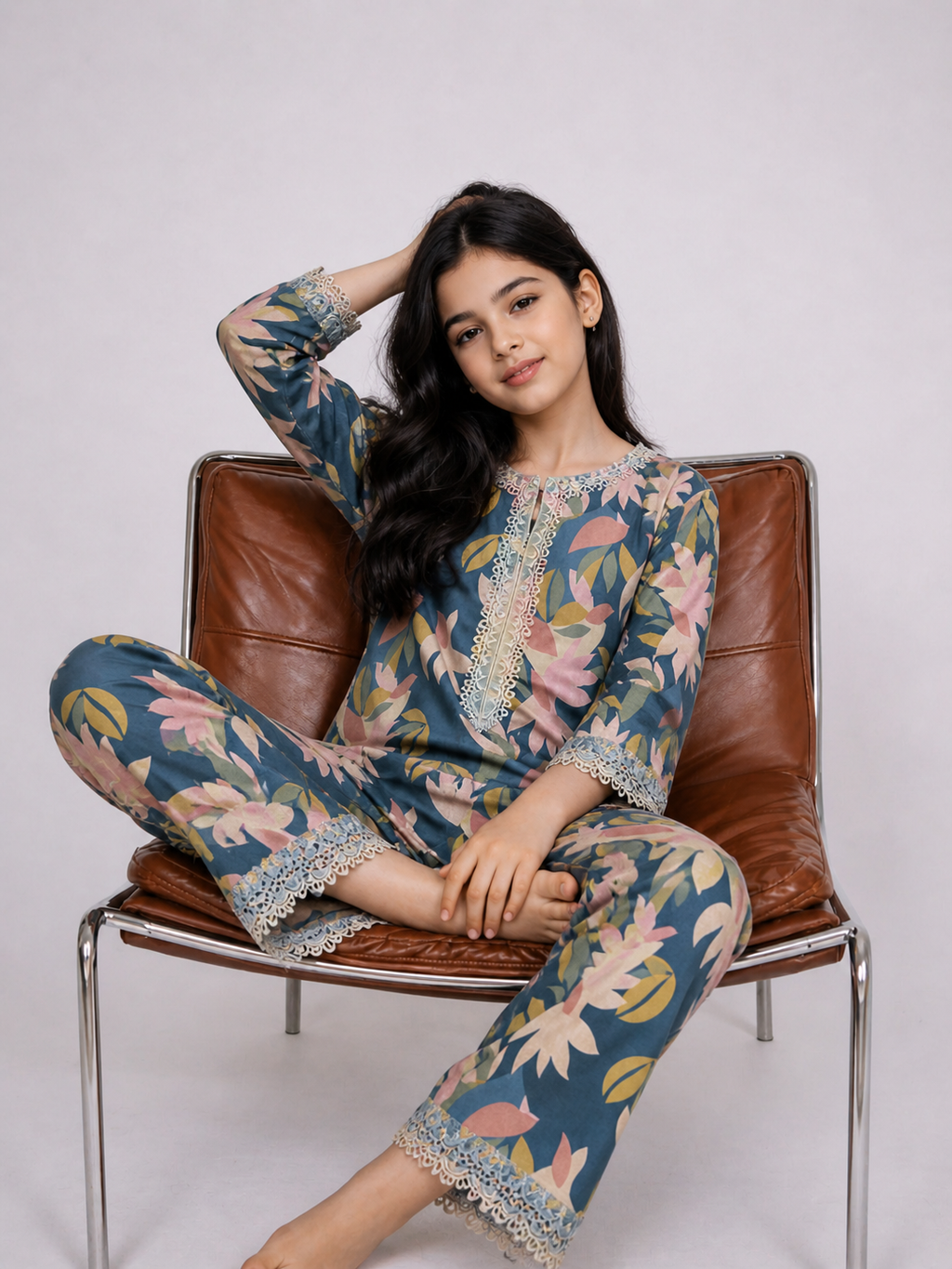 Girls Blue Pink Floral Printed Lace Kurti Set with Pants | Blush Bloom