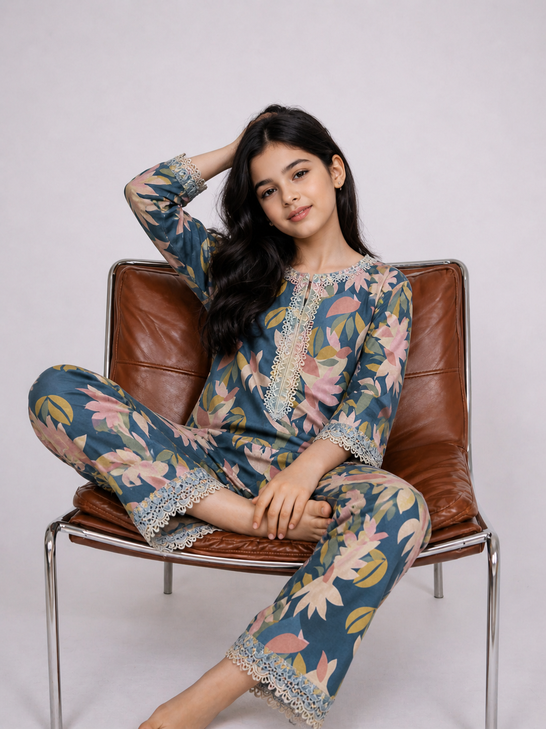 Girls Blue Pink Floral Printed Lace Kurti Set with Pants | Blush Bloom