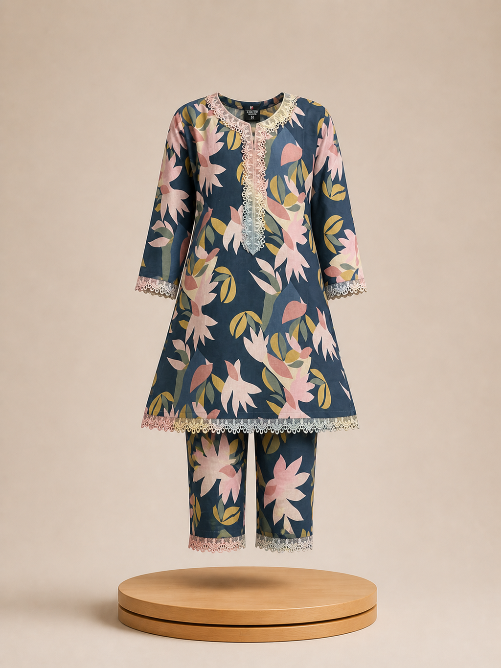 Girls Blue Pink Floral Printed Lace Kurti Set with Pants | Blush Bloom