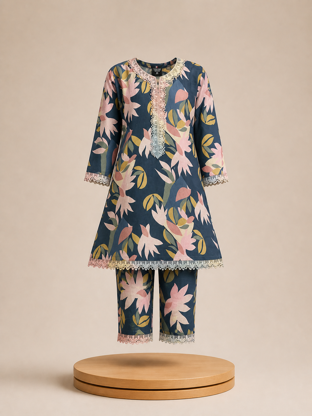 Girls Blue Pink Floral Printed Lace Kurti Set with Pants | Blush Bloom