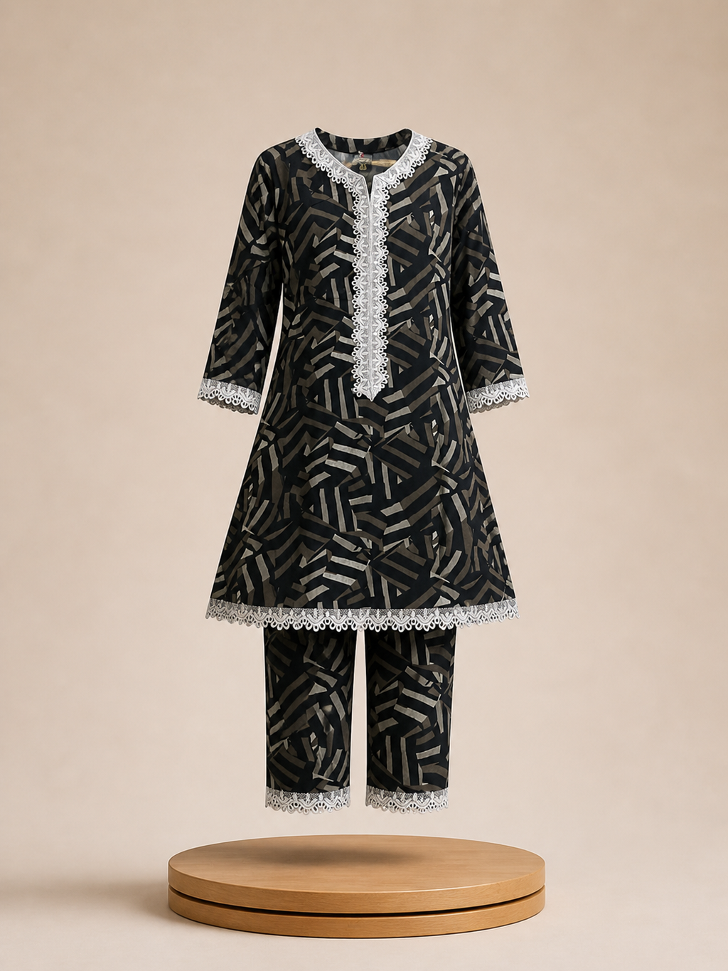 Girls Grey Printed Lace Kurti Set with Pants | Urban Mist