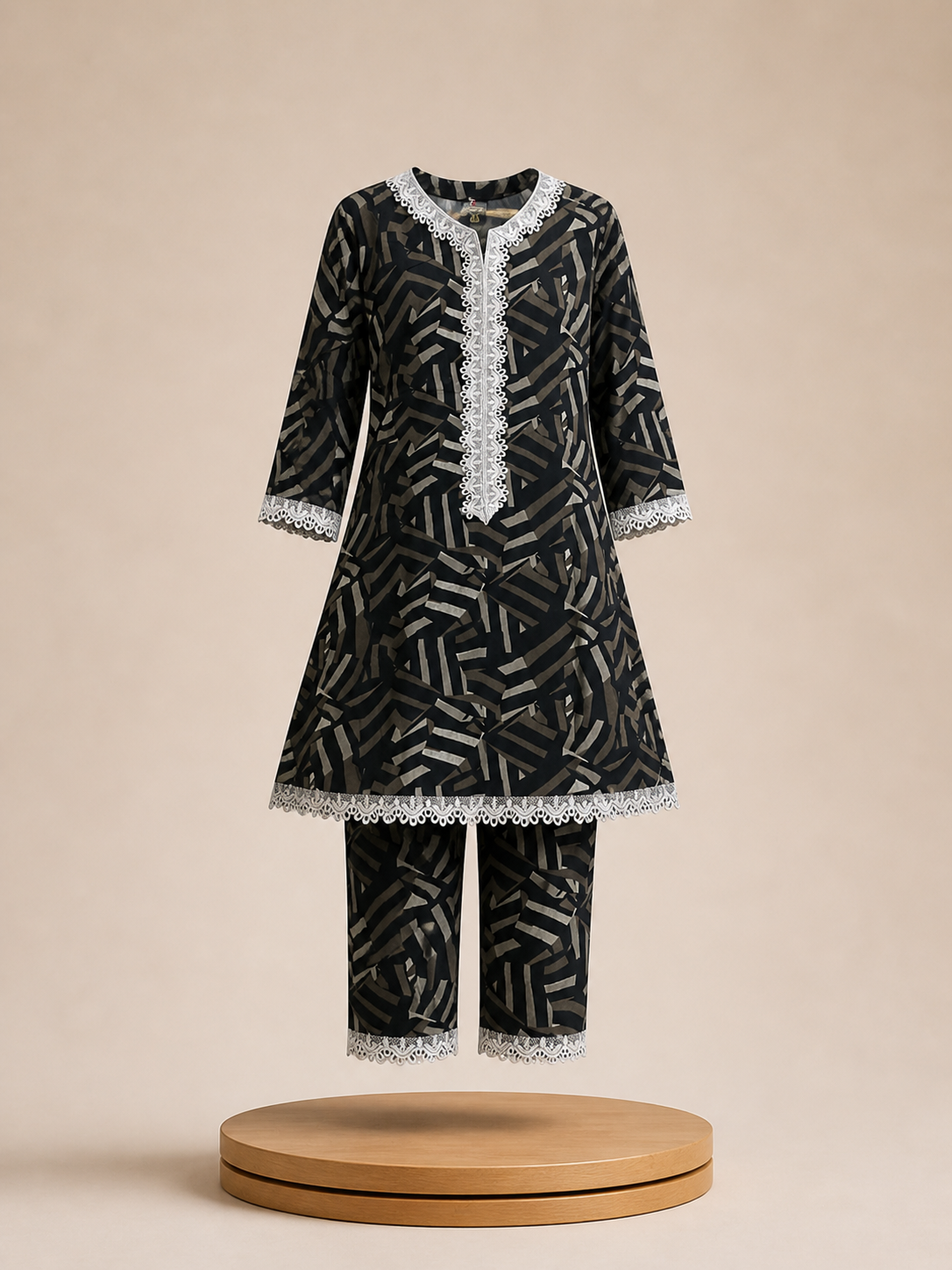 Girls Grey Printed Lace Kurti Set with Pants | Urban Mist