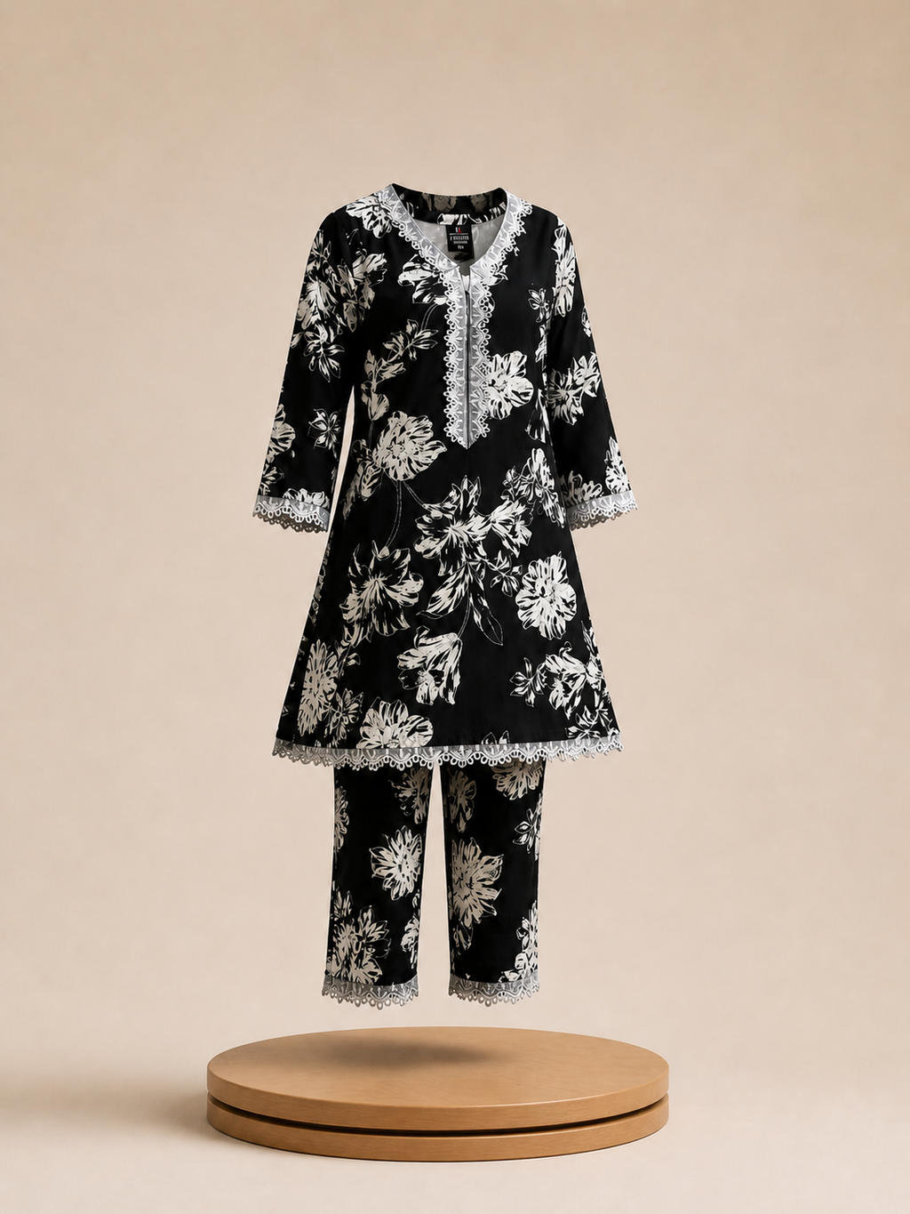 Black Floral Printed Kurti Set for Girls with Lace Detail | Midnight Bloom