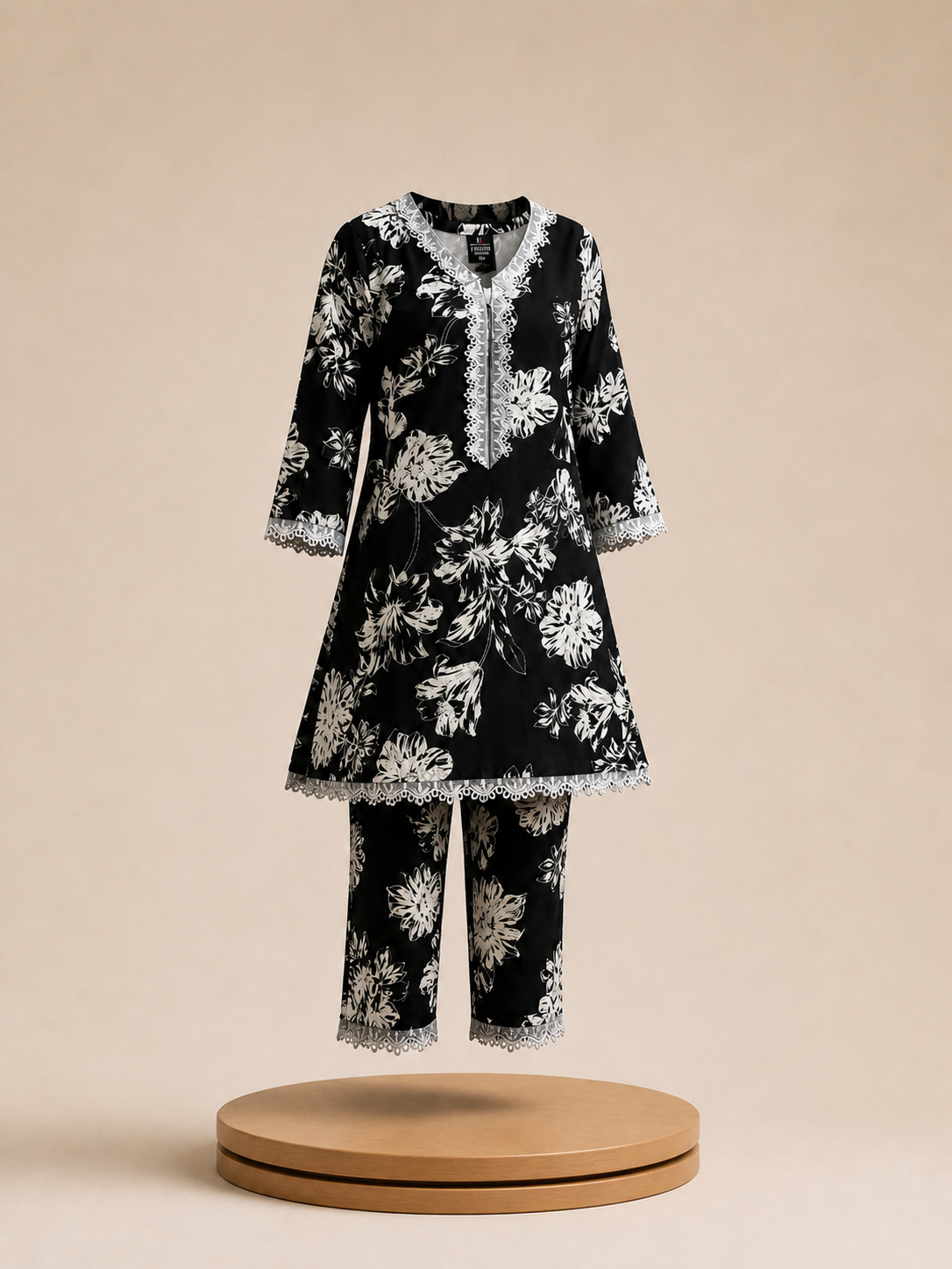 Black Floral Printed Kurti Set for Girls with Lace Detail | Midnight Bloom
