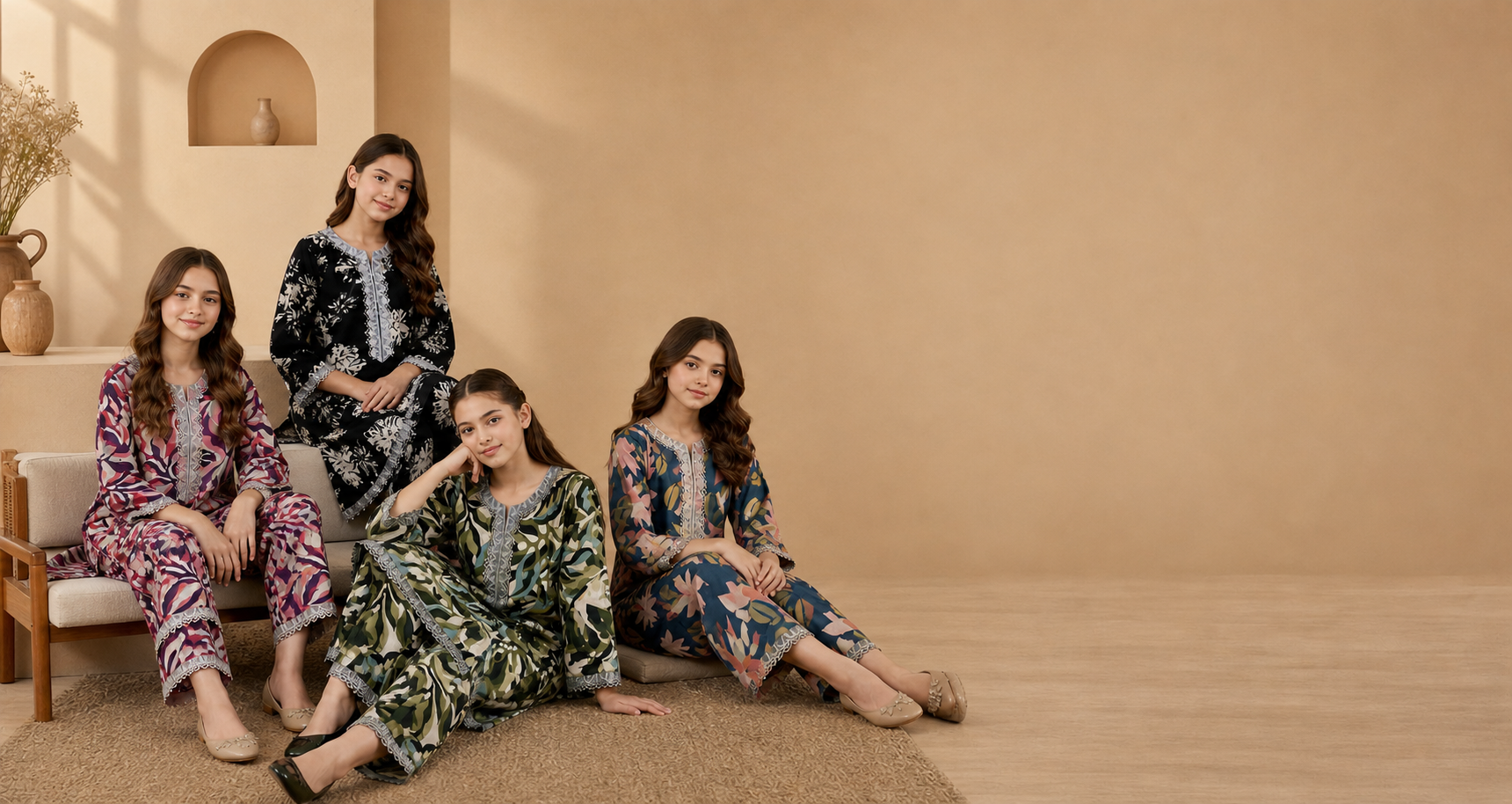 Four women sitting on a rug in a room with beige walls and wooden floor.