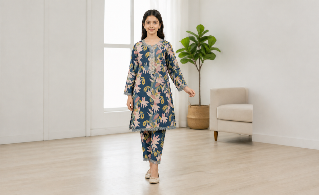 Girls Blue Pink Floral Printed Lace Kurti Set with Pants | Blush Bloom
