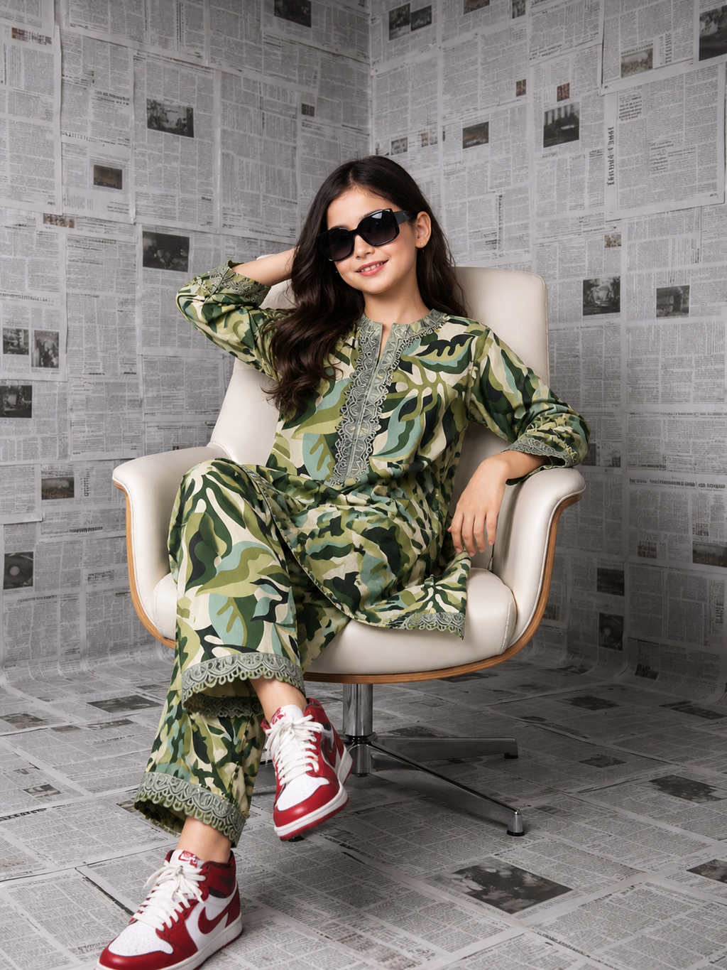 Girls Green Printed Lace Kurti Set with Pants | Forest Muse
