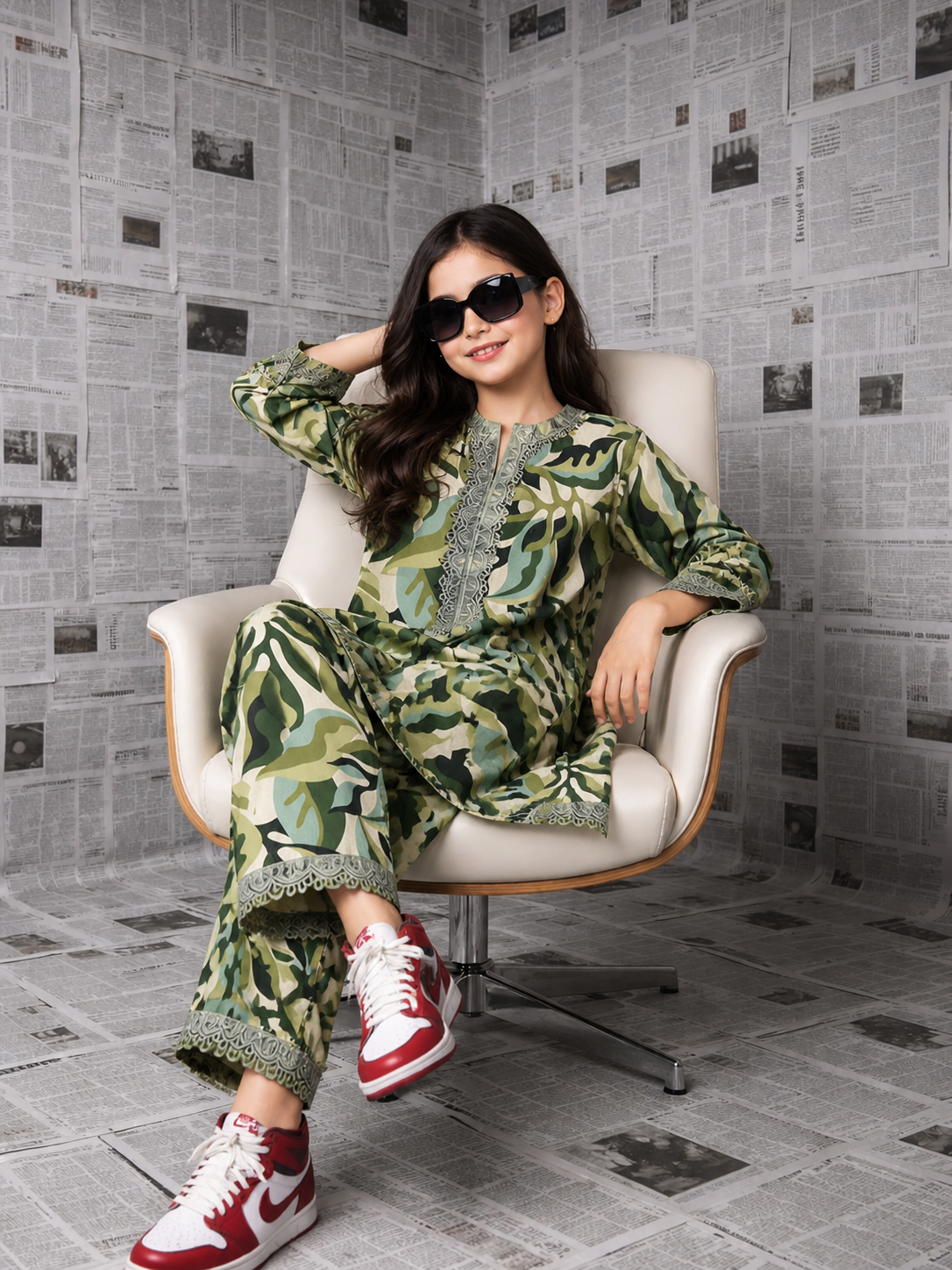 Girls Green Printed Lace Kurti Set with Pants | Forest Muse