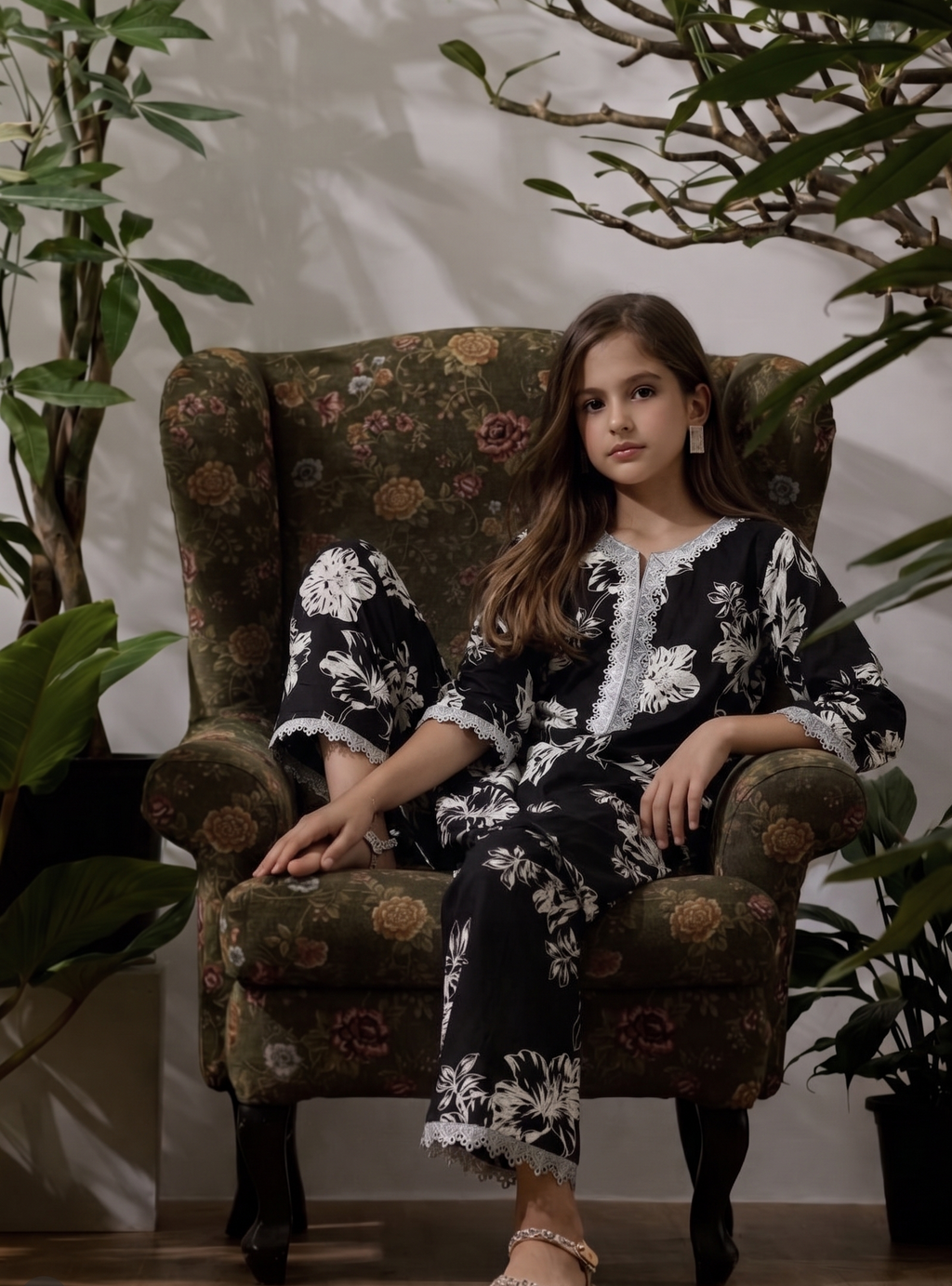 Black Floral Printed Kurti Set for Girls with Lace Detail | Midnight Bloom