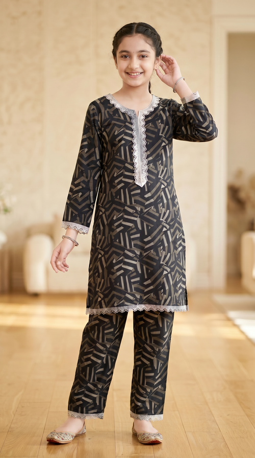 Girls Grey Printed Lace Kurti Set with Pants | Urban Mist