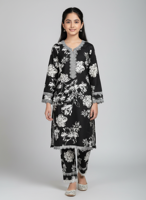 Black Floral Printed Kurti Set for Girls with Lace Detail | Midnight Bloom